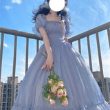 Blue Puff Sleeve Dress Vintage Skirt Fairy Lady Super Mori Style