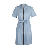 Purpdrank  Women's Jean Casual Dresses High Street Slim Zipper Lace Up Front Bodycon Short Sleeve Dress Vintage Women's Midi Dress Denim