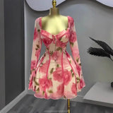 Purpdrank  Europe Temperament Women's 2025 Early Spring New Flared Long-sleeved Lace Ruffled Flower Print Dress