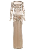 Purpdrank  Women's Elegant Champagne Square Neck Long Sleeve Maxi Dress New Stylish Ruched Slim Bodycon Dress for Eveing Party Gown