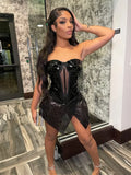 Purpdrank  Sexy Leather Mesh Patchwork Sequin Dress Women Night Party Birthday Tube Strapless Backless sheer Clubwear Short Dresses Vestido