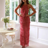 Purpdrank  Holiday Fashion Women Hollow-out Backless Long Skirt Suit Slim Outfit 2025 Spring Summer Chiffon Solid Halter Top Two Piece Set