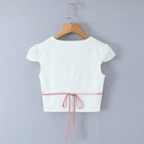 Purpdrank  Sexy White Embroidery Hole Lace Spliced Red Bow V neck Short Puff Sleeve Shirt Women Lacing Up Sashes Back side Zipper Crop Tops