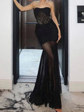 Purpdrank  Women's Elegant Black Strapless Bodycon Maxi Dress Lace Insert Mesh Mermaid Formal Party Cocktail Night Out