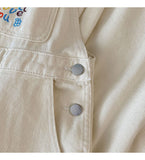 Purpdrank - Fashion Embroidery White Denim Overalls Women Straps Pants High Waist Wide Leg Pants Casual Loose Female Jumpsuit Jeans New