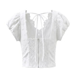 Purpdrank  Sweet White Embroidery Hollow Out Flower Cotton Lace V neck Short Puff Sleeve Shirt Women Zipper Elastic Back Slim Crop Tops