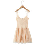 Purpdrank  Sexy Khaki Lace Cross Bandage Front V neck Lacing Up Bow Strap Sling Dress Women Back Zipper Sequin A-line Mini Dresses Vestidos