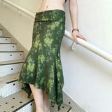 Purpdrank  Vacation Style Retro Green Flower Print Irregular Design Low Waist Long Skirt Casual Skirt