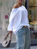 Purpdrank  Summer Spring Casual White T-shirts One-shoulder Long Sleeves Loose Simple Basic Tops Tee Shirts S-2XL