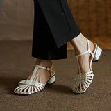 Purpdrank  New Shallow Rome Thick Med Heels Shoes Buckle Strap Genuine Leather Sandals Women Ladies Shoes Leather Gladiator Sandals