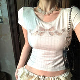 2000s Summer Hollow Out Tees Korean Style T Shirt Women Short Sleeve Cotton Y2k Vintage Crop Tops Streetwear Japanese Harajuku