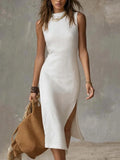 Purpdrank  Fashion Basic Slim Midi Dresses Women's Sexy O-Neck Side Split Sleeveless Solid color Bodycon Robe Commute Vacation