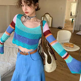 Purpdrank  Flare Sleeve Knitting Pullovers Women Rainbow Stripe Hollow Out Crop Tops Y2K Korean Loose O Neck All-Match Sunscreen Jumper