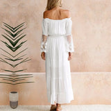 Purpdrank  Summer Sundress Long Women White Beach Strapless Long Sleeve Loose Sexy Off Shoulder Lace Boho Cotton Maxi Dress