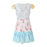Purpdrank  Retro French style Contrast Color Flower Print V neck Mini Dress Sexy Short Flying Sleeve Ruffles Hem Slim Waist Robe