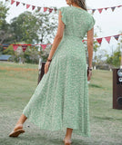 Purpdrank  Elegant Women's V-neck Floral Print Long Dress Summer Short-sleeve Lace Up A-line Dresses Bohemian Holiday Vacation Dresses