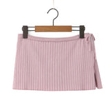 Purpdrank  New Fashion Autumn Bow Lacing Up Low Waist Side Slit Rib Knit Skirt for Women With Shorts Underwear Mini Skirts Beige Pink