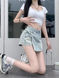 Purpdrank  Jean Shorts Women Summer Irregular Lace-up Fake Two Pieces Casual High Waist Korean Style Hot Sweet Demin Streerwear