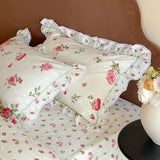 Purpdrank  Rustic Vintage French Rose Floral Ruffles 100% Cotton Bedding Set Duvet Cover Set Flat/Fitted Bed Sheet Pillowcases 4Pcs