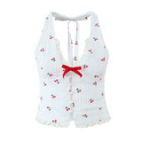 Purpdrank  Sexy White Red Fruit Tie Bow Halter V neck Open Buttons Slim Tank Top Women Spliced Lace Hem Sleeveless Backless Tee Summer Vest