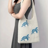 Purpdrank  Casual Cartoon Turtle Knitting Shoulder Bag Hollow Large Capacity Beach Bag Knitted Beige Brown Underarm Bag Vacation