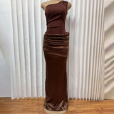 Purpdrank  Sexy Slanted Collar Backless Evening Dress Elegant Patchwork Satin Solid Long Dress Women Fashion Sleeveless Slim Bodycon Dress