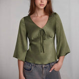 Purpdrank   Spring New Women's Elegant Satin Blouse V Neck Tie Front Flared Bell Sleeve Fitted Waist Top Chic Office Party Blouse