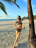 Purpdrank  Retro Striped One-shoulder Sexy Two-piece Bikini Sexy Small-bust Coffee Color Four Piece Set Straps Design Hot Spring Swimsuit