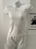 Purpdrank  Floral Print Eyelet T-shirt Shorts Set Women O-neck Slim Tees +Buttons Straight Sweatshort Casual Sweet Cotton Home 2 Pieces Set