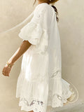 Purpdrank   White Lace Embroidered Dresses Women Summer Short Sleeve Tassle O-Neck Mini Dress Casual Loose Holiday Beach Boho Dress Vestidos