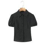 Purpdrank  Summer Vintage Black with White Polka Dot Print Laple Short Puff Sleeve Shirt Women Slim Waist Elastic Back Blouse Tank Top