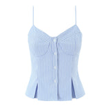 Purpdrank  New Summer Blue White Vertical stripes Print Camis Women Single-breasted Buttons Short Tank Tops Girl Sexy Slim Crop Top Tees
