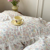 Purpdrank  French Floral Ruffles Princess Bedding Set Double Layer Yarn Pure Cotton Duvet Cover Set Pillowcases Flat/Fitted Bed Sheet 4Pcs