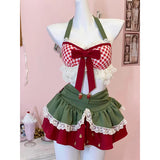 Purpdrank  Y2K 2 Pieces Set Woman Outfit Kawaii Bow Plaid Lace Halter Tops Gyaru Ruffles Mini Skirt Summer Japanese Design Clothes