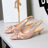 Purpdrank  French Banquet Silk Bow Thin Heel Shallow Mouth Single Shoes Women Pointed Toe Low Heels Back Empty Trip Strap Women's Shoes