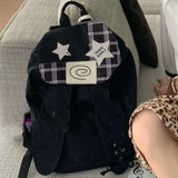 Purpdrank  Checkered Backpack Women Y2k Large Capacity Soft Canvas Black Gray Covered Type Drawstring Drawstring Travel Commuting Backpack