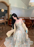 Purpdrank  Summer Floral Printed Long Dress Women Patchwork Lace Chiffon Fairy Dress Casual Gold Stamping Bow Tie Suspender Dress