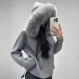 Purpdrank  Korean Chic Autumn Winter Versatile Casual Big Fur Collar Zipper Sweater Jacket Hooded