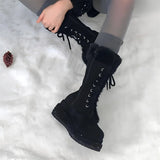 Purpdrank  Winter Warm Faux Fur Mid Calf Snow Boots Fashion Platform Wedges High Heels Side Zipper Lace-up Boots for Women