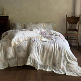 Purpdrank  Rose Flowers Print Lace Ruffles Bedding Set Lyocell Soft Silky Cool Feeling Duvet Cover Flat/Fitted Bed Sheet Pillowcase 4Pcs