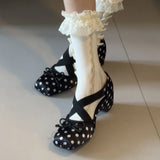 Purpdrank  Women's Elegant Pink Satin Ballet Shoes Square Toe Cross Strap Polka Dot Bow Mary Jane Shoes Inside Mid Heel Casual Pumps