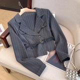 Purpdrank  Korean Niche Striped Blazer for Women Fashion Design Sense with Belt Suits Jacket Elegant Office Ladies All Match Coat Outerwear