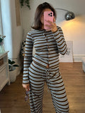 Purpdrank  Casual Striped Women's Pants Sets Fashion Single-breast Full Sleeve Shirt Lace Up Long Trousers 2025 Spring Lady Suit Commuting