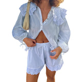 Purpdrank  Women Ruffles Set Long Puff Sleeve Babydoll Blouse Shirt Coquette Eyelet Shorts Set 2 Piece Outfit 90s Vintage Y2k Streetwear