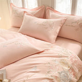 Purpdrank  Beige/Pink Flowers Butterfly Embroidery 100% Cotton Bedding Set Duvet Cover Set Bed Sheet/Fitted Sheet Pillowcases 4Pcs Bed Sets