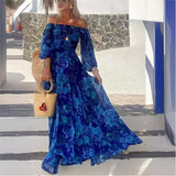 Purpdrank  Vintage Pattern Print Long Dress Women Sexy Off Shoulder Long Sleeve Party Dress Fashion Waist Pleat Loose Hem Beach Dress