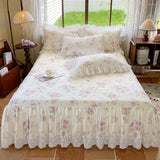 Purpdrank  100% Cotton Korean princess style Floral Lace Ruffles Bedding Set Duvet Cover Set Quilted Bed Skirt Fitted Sheet Pillowcases