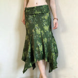 Purpdrank  Vacation Style Retro Green Flower Print Irregular Design Low Waist Long Skirt Casual Skirt