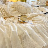 Purpdrank  100% Cotton Vintage French Pleated Lace Ruffles Bow Princess Bedding Set Duvet Cover Set Bed Skirt Bedspread Pillowcases