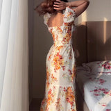 Purpdrank   Spring summer Women's Elegant Floral Print Maxi Dress Square Neck Puff Sleeve Smocked Waist Tiered Ruffle Hem Vacation Dress